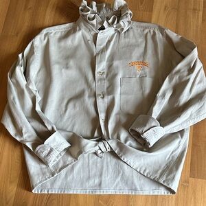 Tennessee Embroidered Tan upcycled ruffled collar shirt